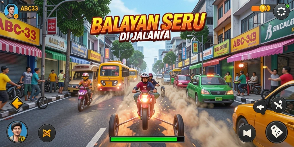 Tampilan gameplay ABC33 yang mendebarkan saat balapan di jalanan.