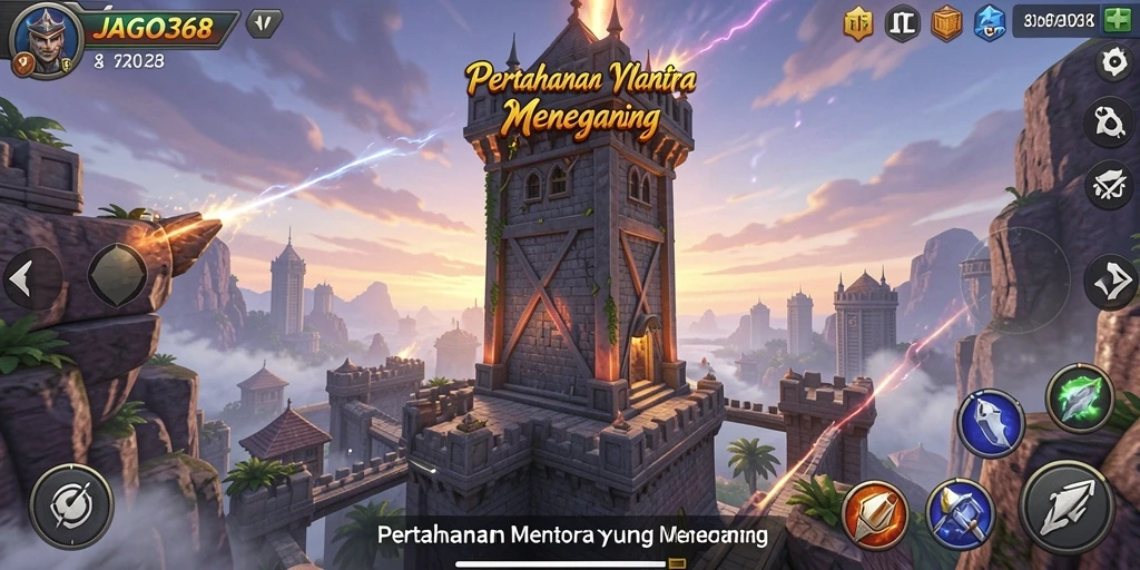Screenshot menunjukkan gameplay Tower Defense yang intens dan strategis.