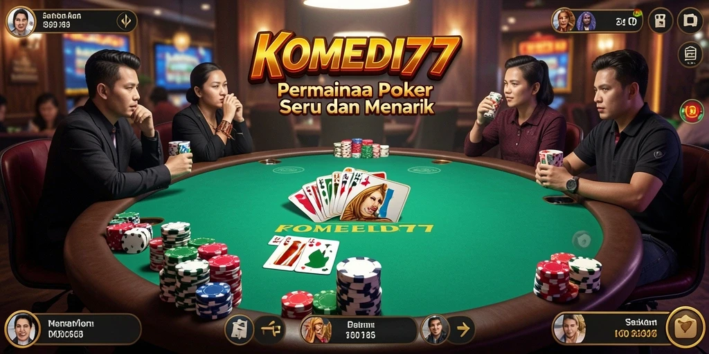 Screenshot gameplay KOMEDI77 dengan interaksi seru antar pemain poker.